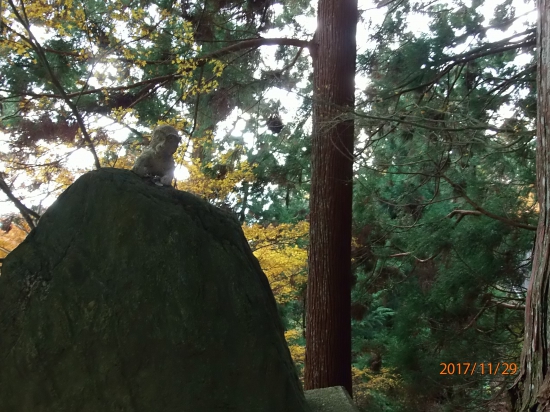 参道の岩の上から猿が覗いています（置物）。