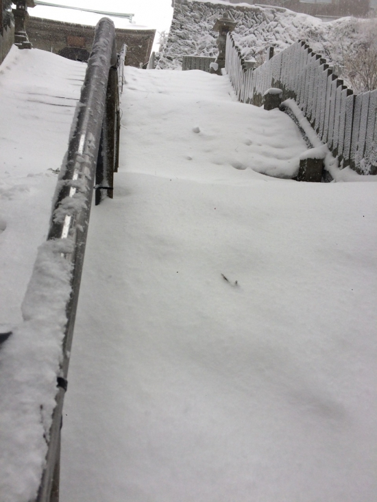 雪に埋まった 山門までの長い石段