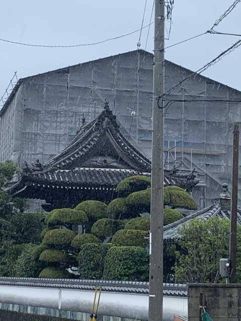 阿波国分寺の鐘堂と、建て替え工事中の本堂（仮本堂が有ります）