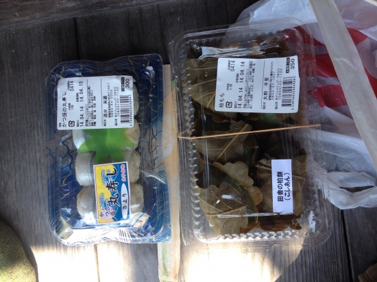ある日のお昼ごはん。道の駅内子フレッシュパークからりで買った丸寿司と柏餅。