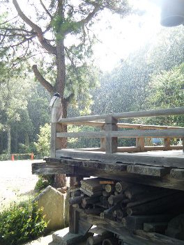 本堂前で雨は本降りに・・・。　初日で急ぎすぎていたのか、ここでひと休み。