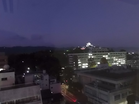 部屋から見えるライトアップされた高知城。